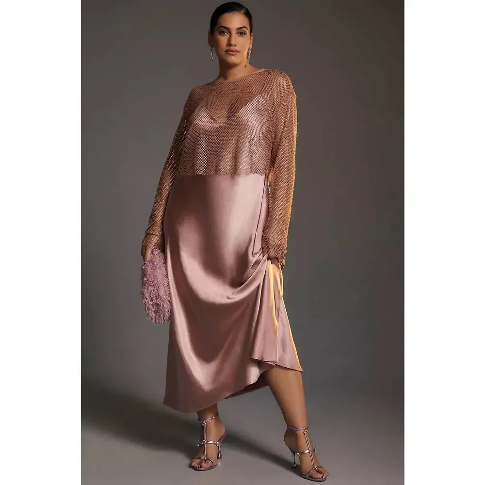 Anthropologie Metallic Mesh Sheer Cropped Long Sleeve Party Top M Layering glitz - Picture 3 of 11